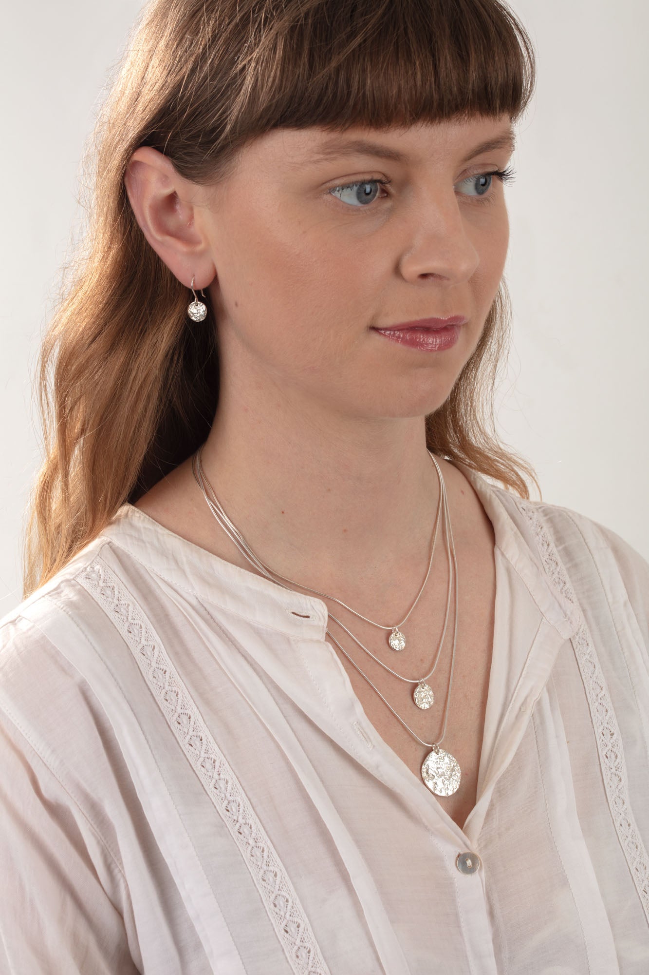 Silver Medium Pebble Disc Dangly Earrings